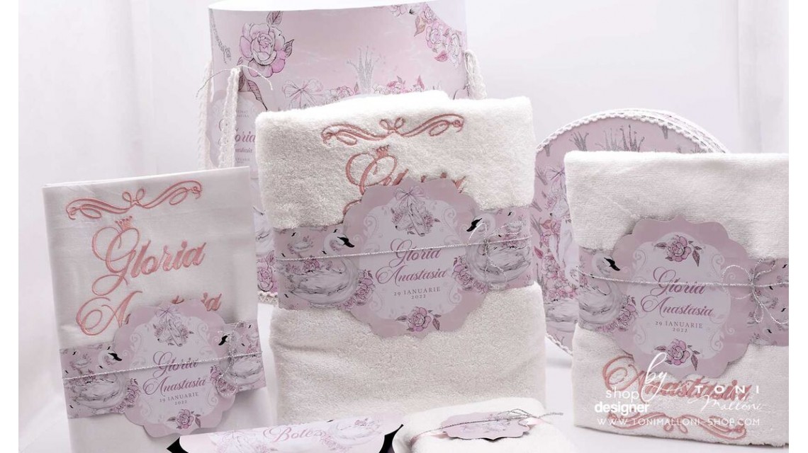 Trusou de botez cu lebede si motive florale personalizat pentru fete, Lebada alba 28